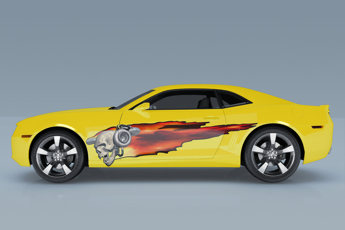 racing fire skull vinyl decal on the side of yellow camaro car